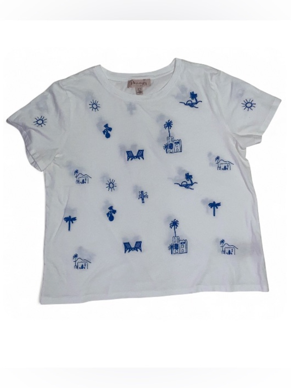 Philosophy White Tee with Blue Tropical embroidered details